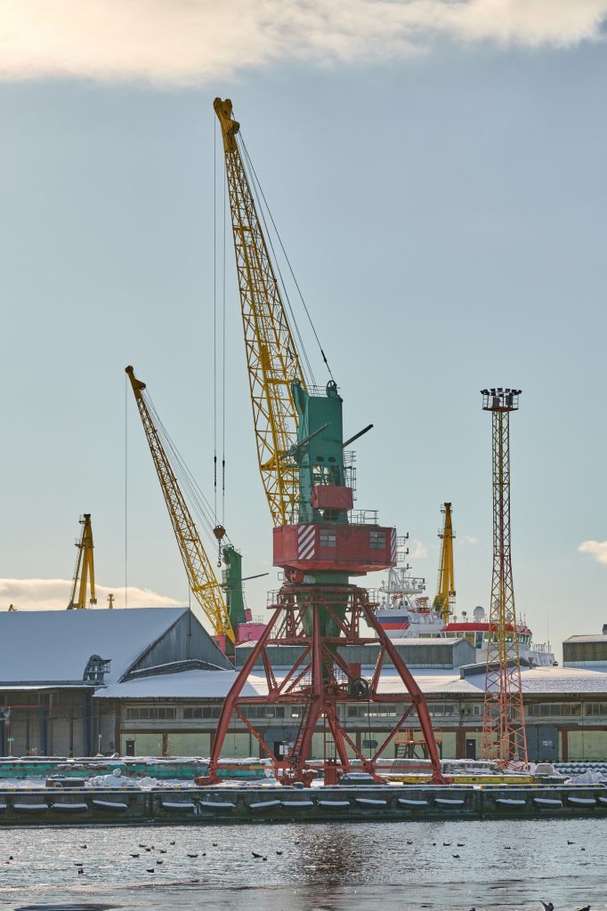 Harbor cranes, container ship terminal, cargo container yard