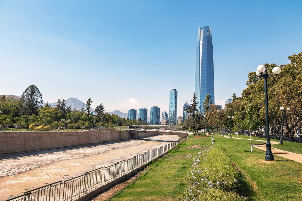 Santiago Skyline and Mapocho River - Santiago, Chile