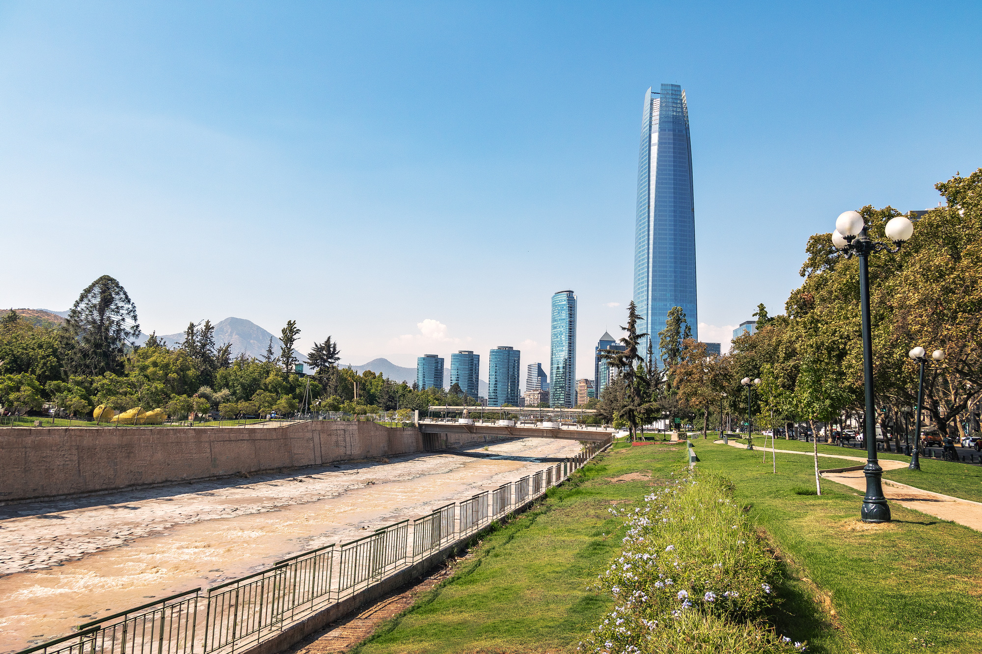 Santiago Skyline and Mapocho River - Santiago, Chile